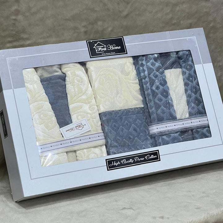 100% Cotton Bathrobe Set – White & Blue
