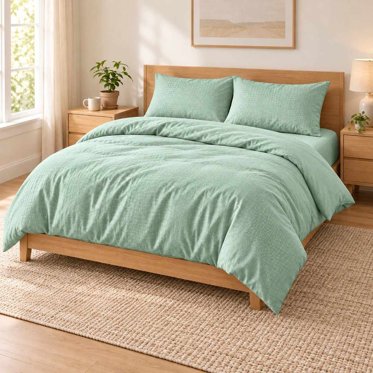 Mint Green embossed microfiber bed sheet set with duvet cover, fitted sheet, and matching pillowcases