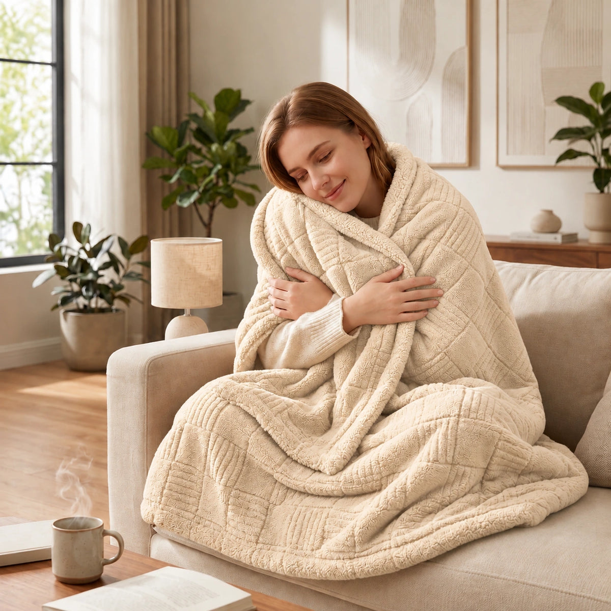 Golden House Flannel Sherpa Blanket in Cream