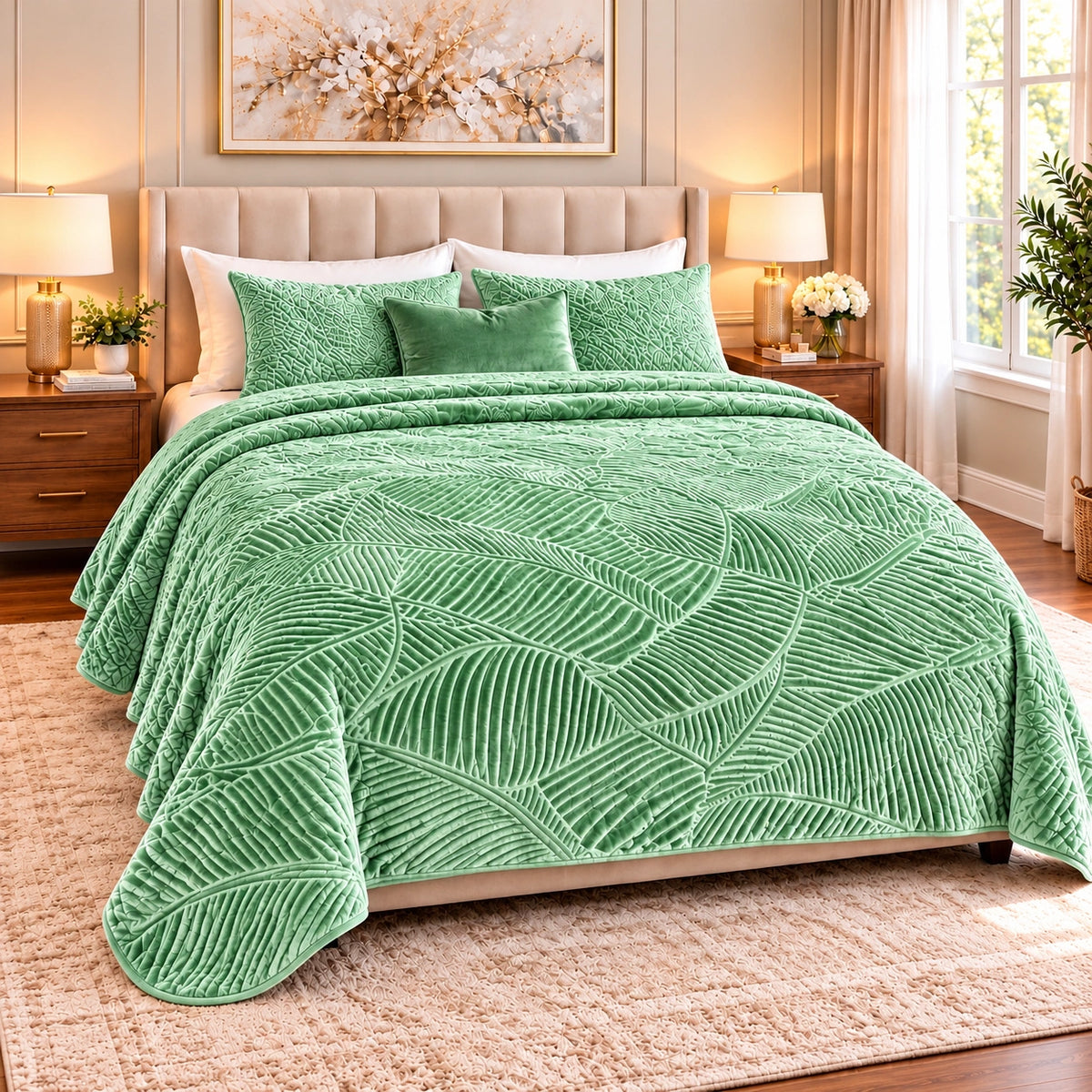 Prince Sleep leaf-pattern double blanket in Mint Green, 220 x 240 cm