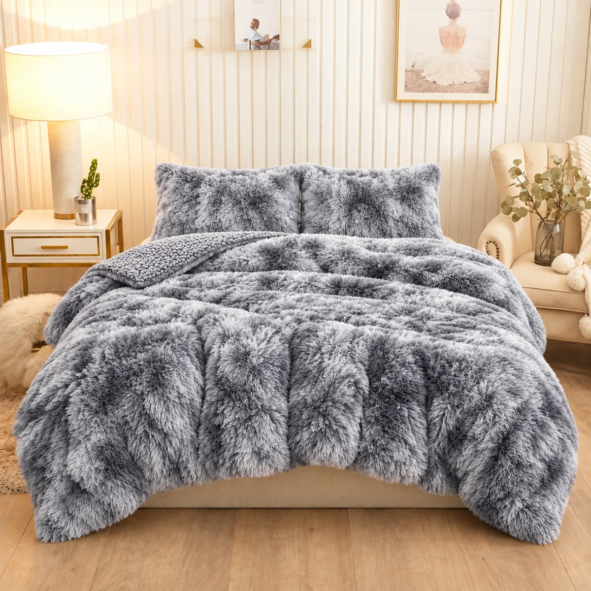 Golden House Shaggy Coverlet Set in silver gray, 180 × 240 cm