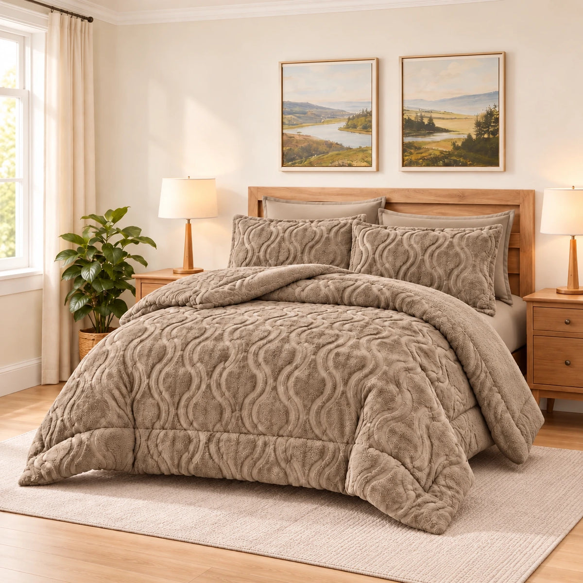 Soft Sherpa Coverlet Set – Ornate Design in Taupe, complete bed lifestyle photo