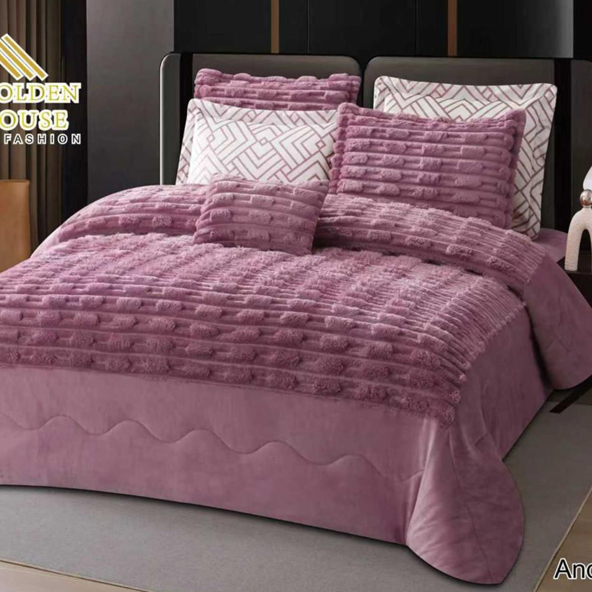 Winter mohair coverlet RABBIT fur – King Size (7 Pieces) (Rose Gold)