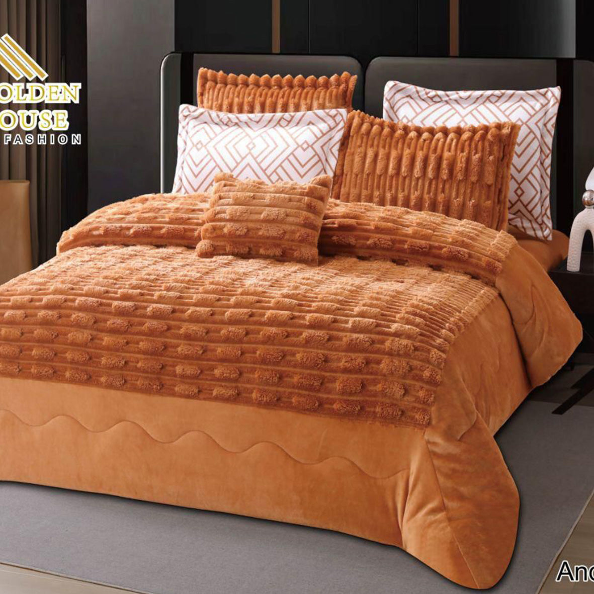 Winter mohair coverlet RABBIT fur – King Size (7 Pieces) (Beige)