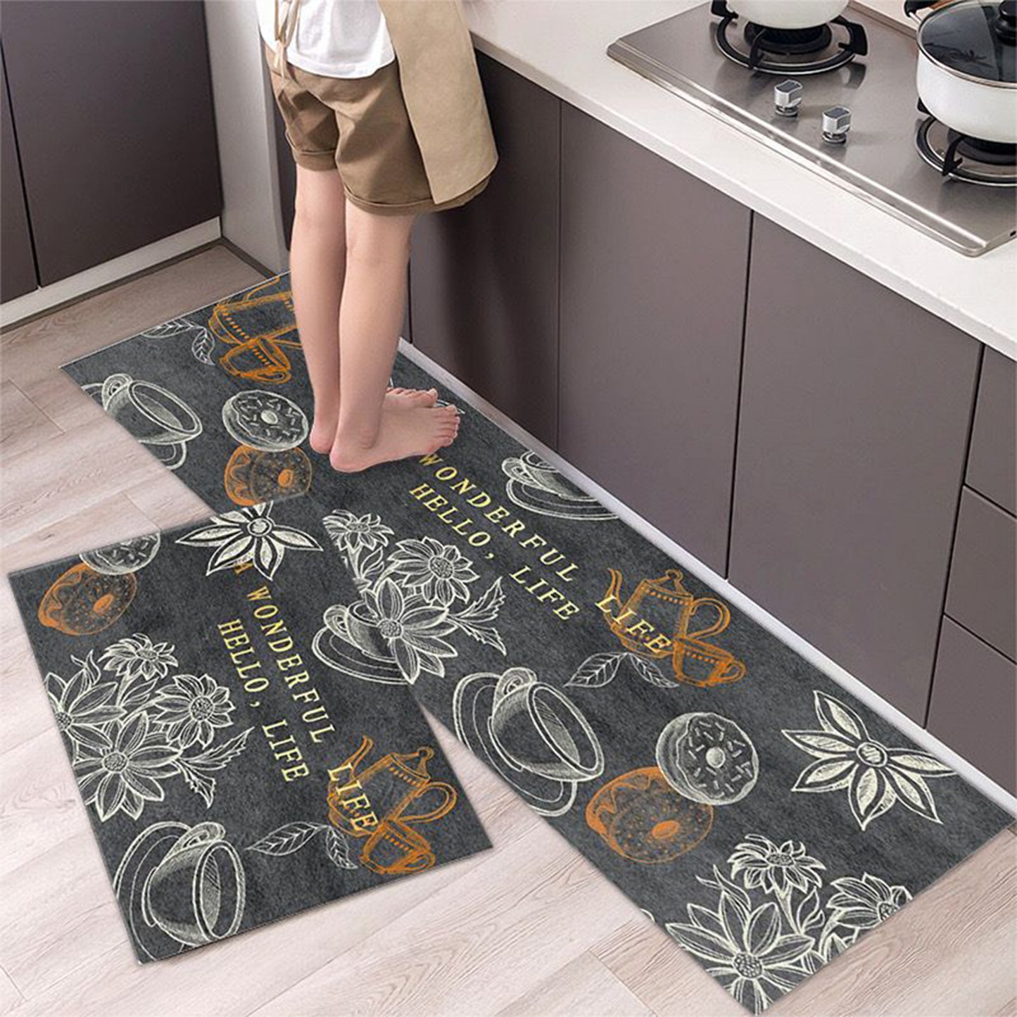 Kitchen Mat Set | Anti-Slip Leather Base | 2 Pieces | Water-Absorbent & Heavy Quality