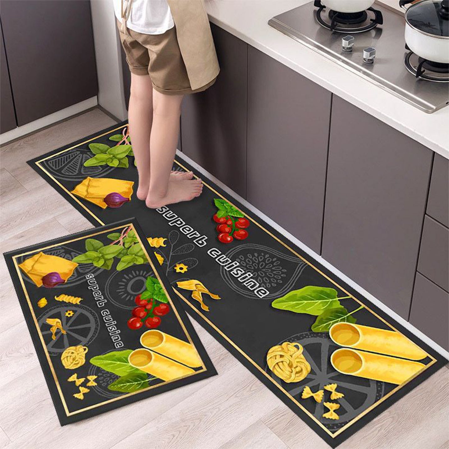 Kitchen Mat Set | Anti-Slip Leather Base | 2 Pieces | Water-Absorbent & Heavy Quality