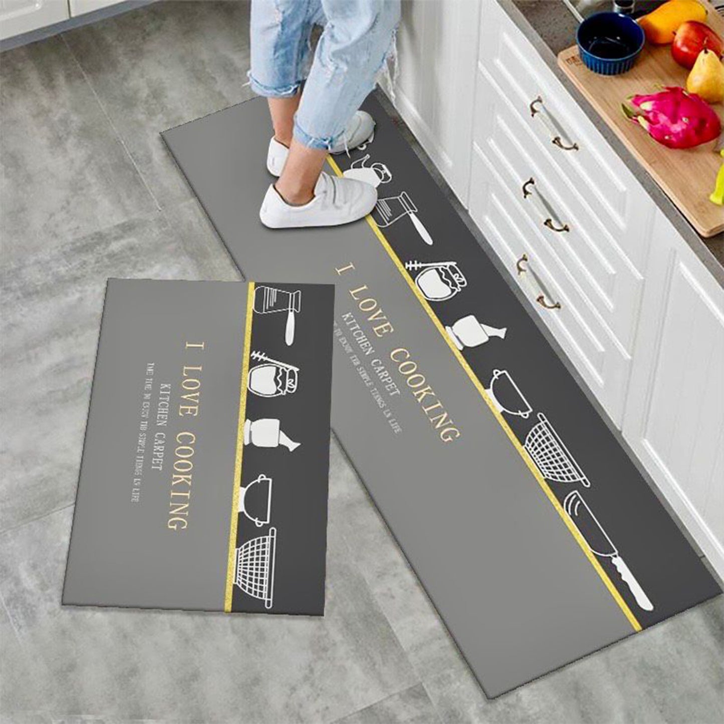 Kitchen Mat Set | Anti-Slip Leather Base | 2 Pieces | Water-Absorbent & Heavy Quality