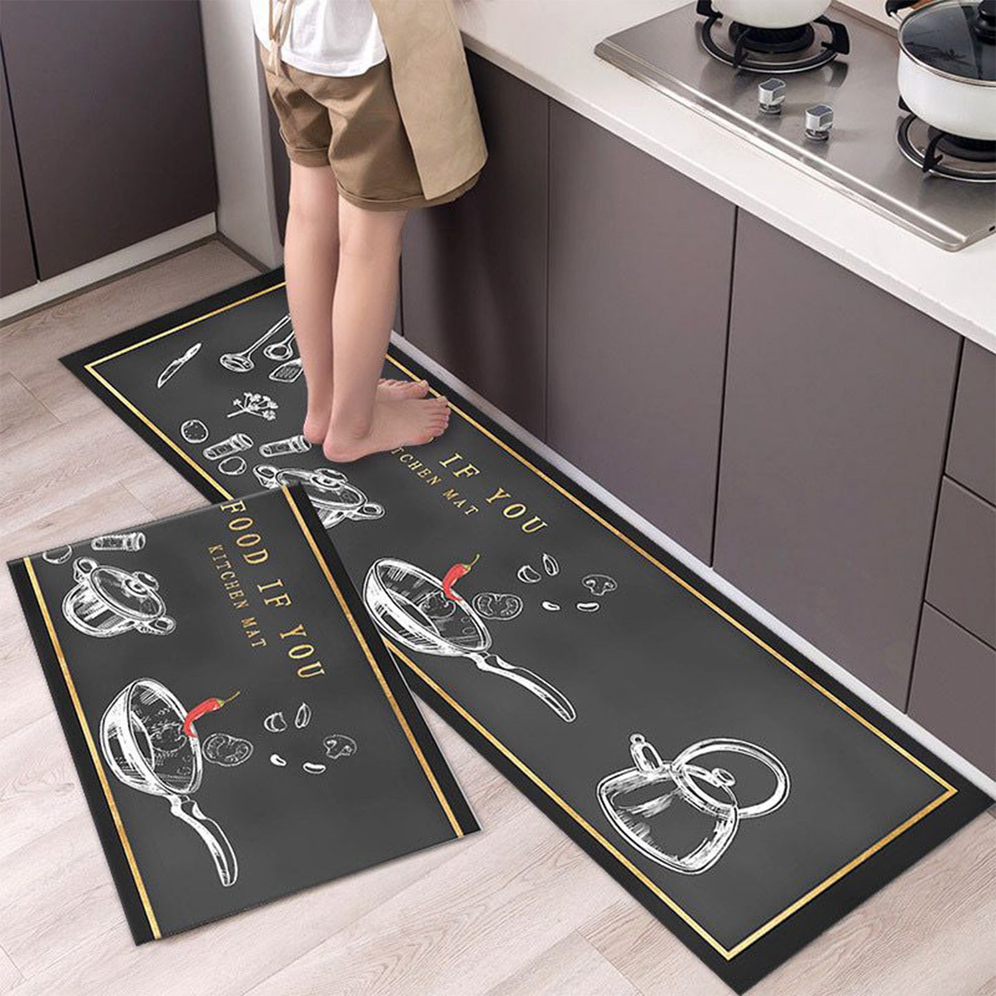 Kitchen Mat Set | Anti-Slip Leather Base | 2 Pieces | Water-Absorbent & Heavy Quality