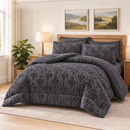 Soft Sherpa Coverlet Set – Dark Gray – King Size & Single Half