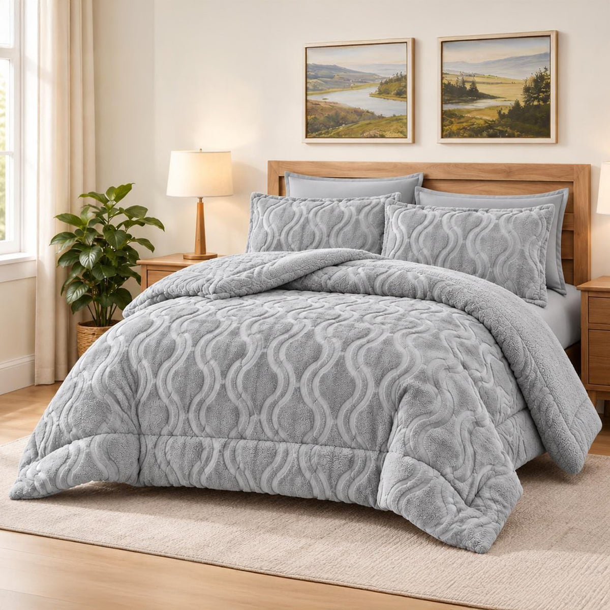 Soft Sherpa Coverlet Set – Light Gray – King Size & Single Half