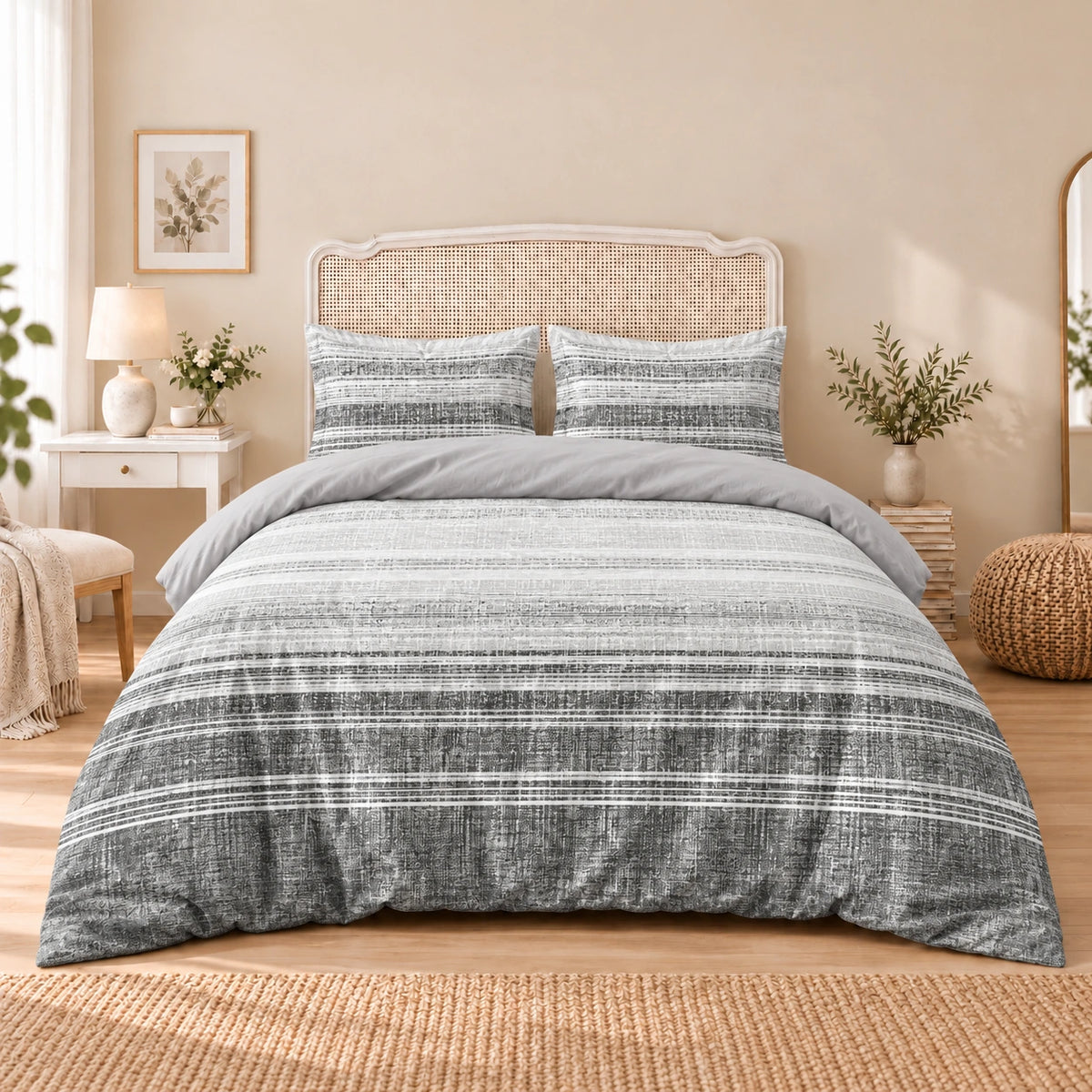 Carrol microfiber bed set, Distressed Gray Bands, design 75A2281, full bed with matching pillowcases