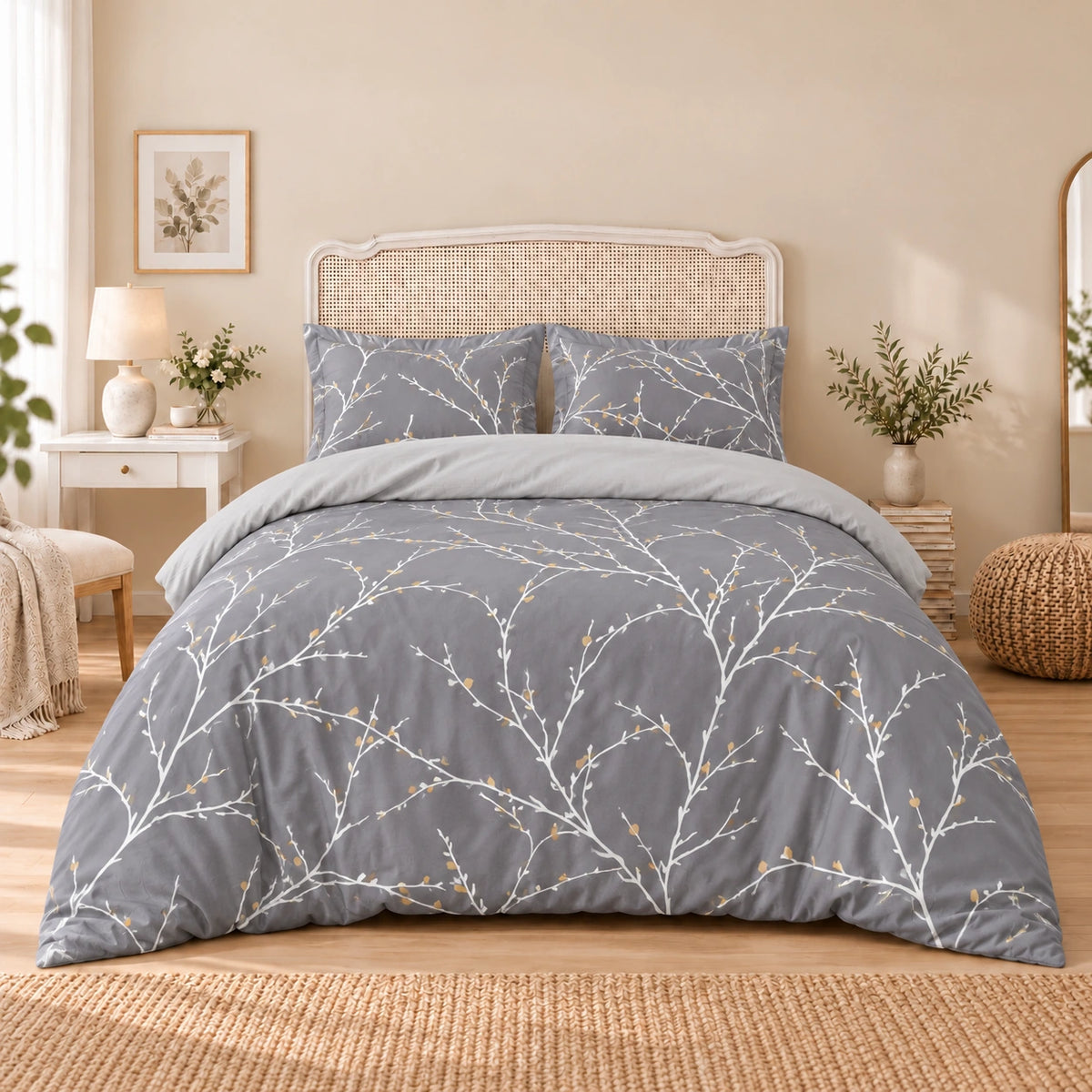 Carrol microfiber bed set, Gray Winter Branches, design 75A2286, full bed with matching pillowcases