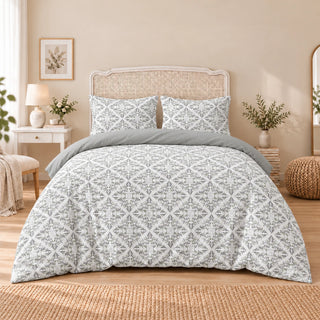 Carrol microfiber bed set, Gray Damask Tiles, design 75A2601, full bed with matching pillowcases