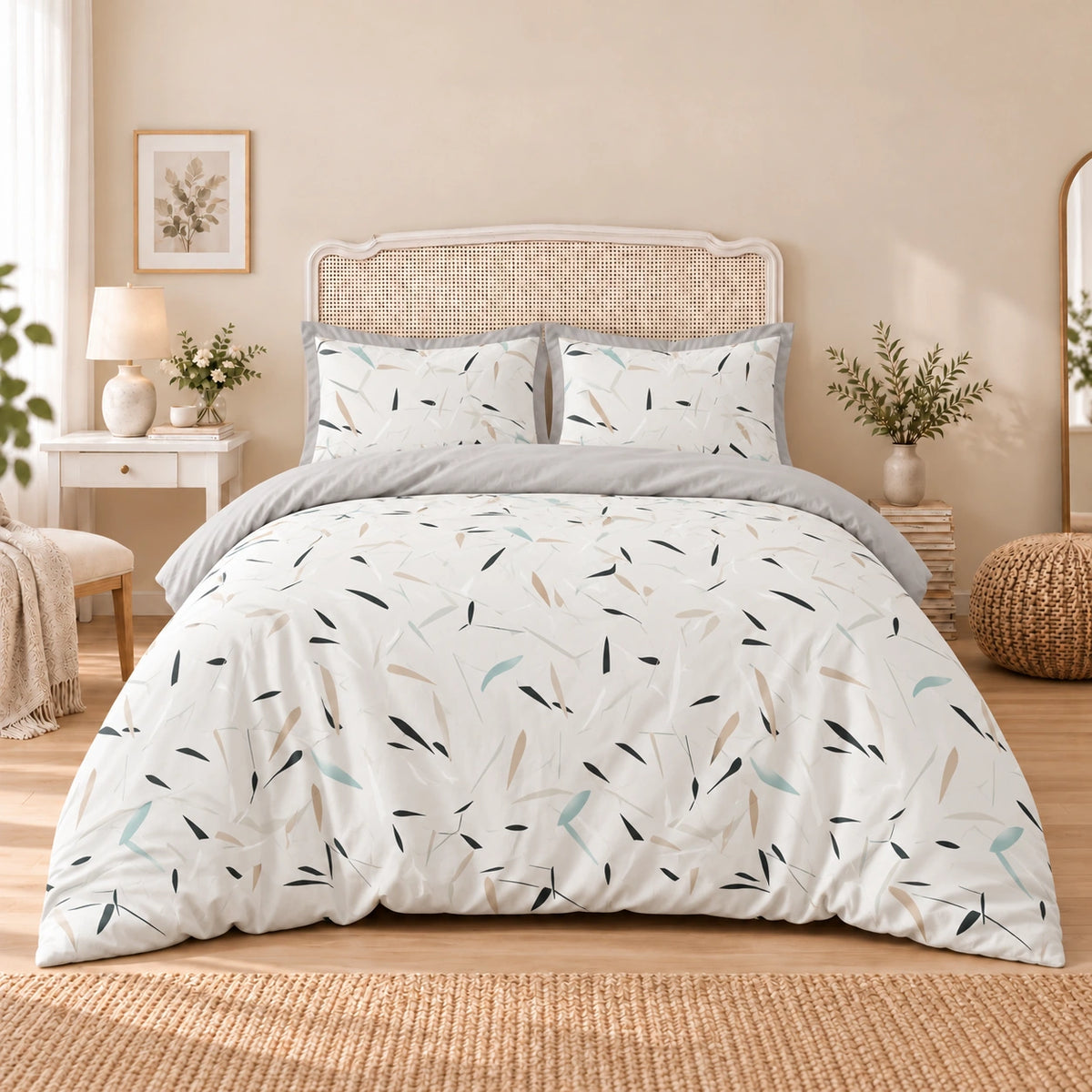 Carrol microfiber bed set, Mint Abstract Leaves, design 75A2683, full bed with matching pillowcases