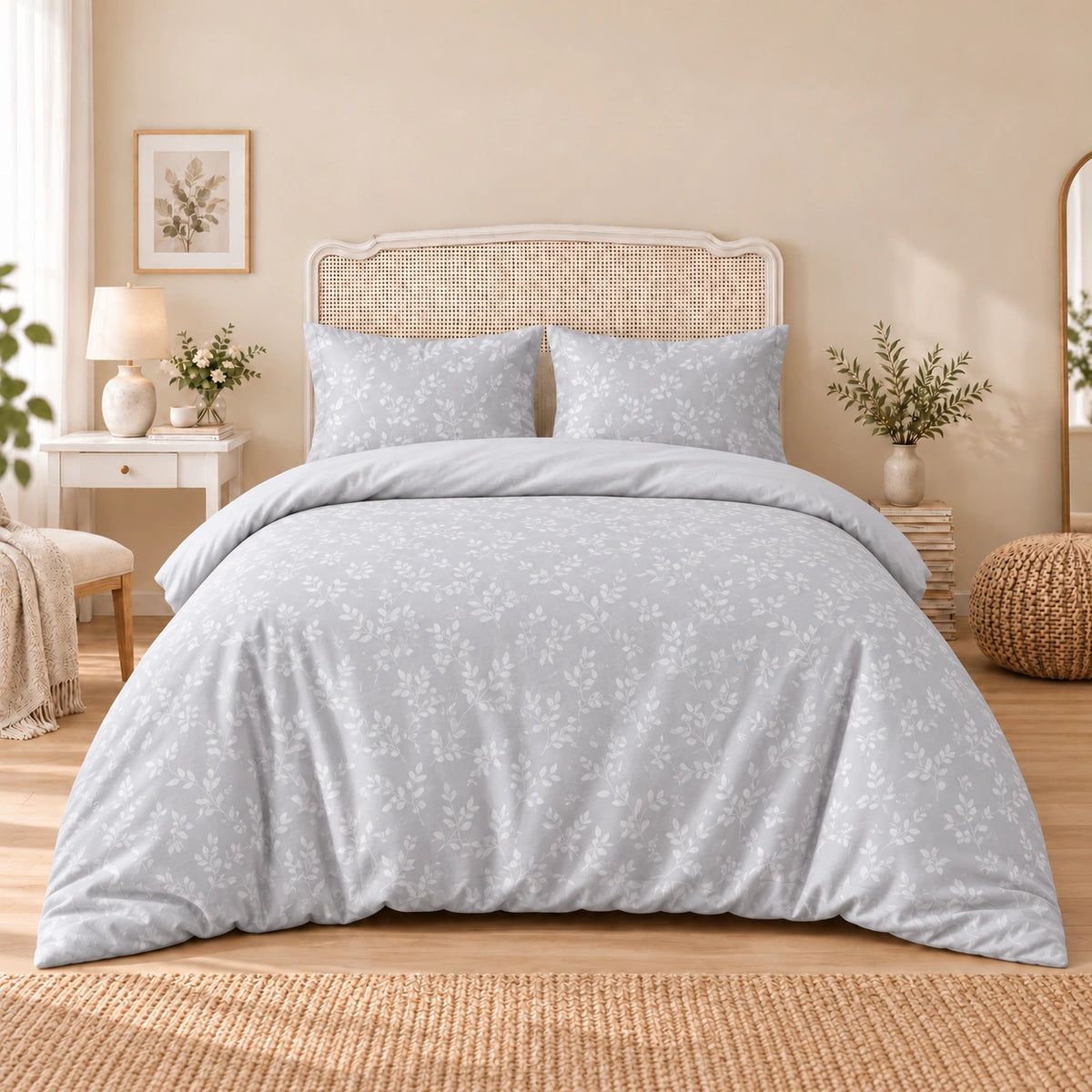 Carrol microfiber bed set, Silver Leaf Vines, design 75A2717, full bed with matching pillowcases
