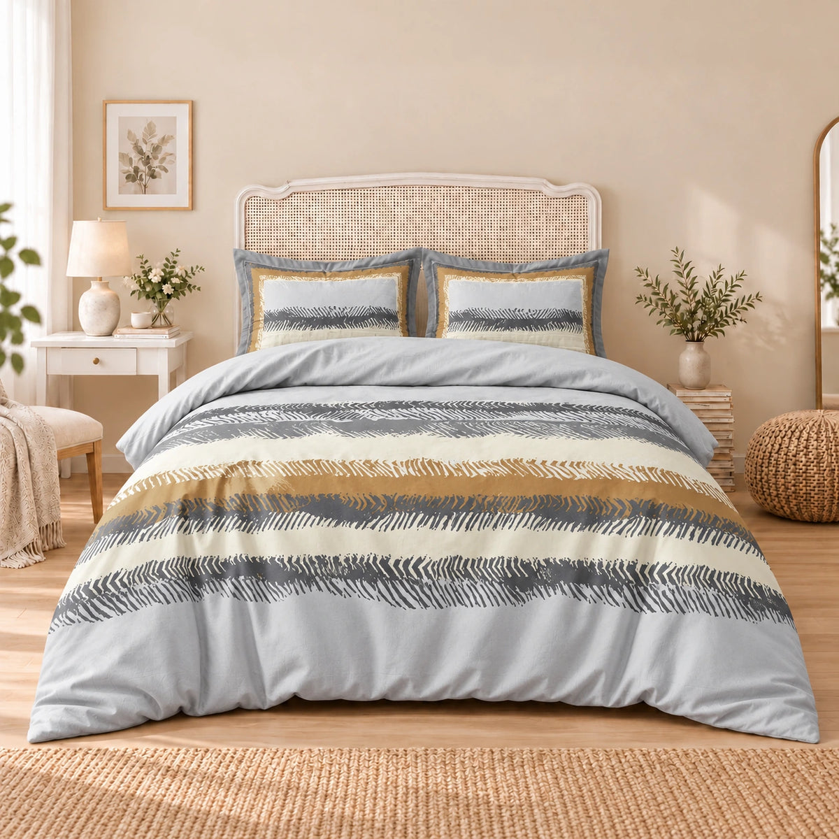 Carrol microfiber bed set, Mustard Brush Borders, design 75A2724, full bed with matching pillowcases