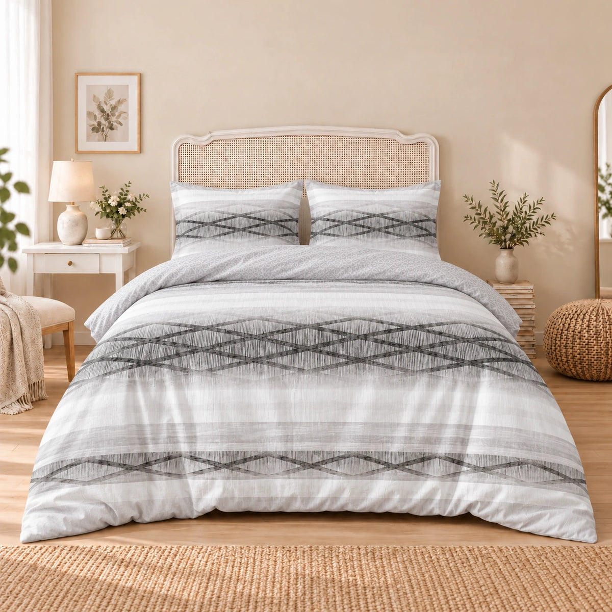 Carrol microfiber bed set, Gray Diamond Borders, design 75A2725, full bed with matching pillowcases