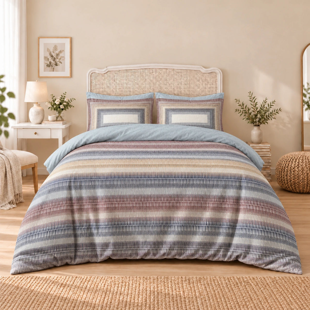 Carrol microfiber bed set, Muted Multicolor Bands, design 75A2732, full bed with matching pillowcases