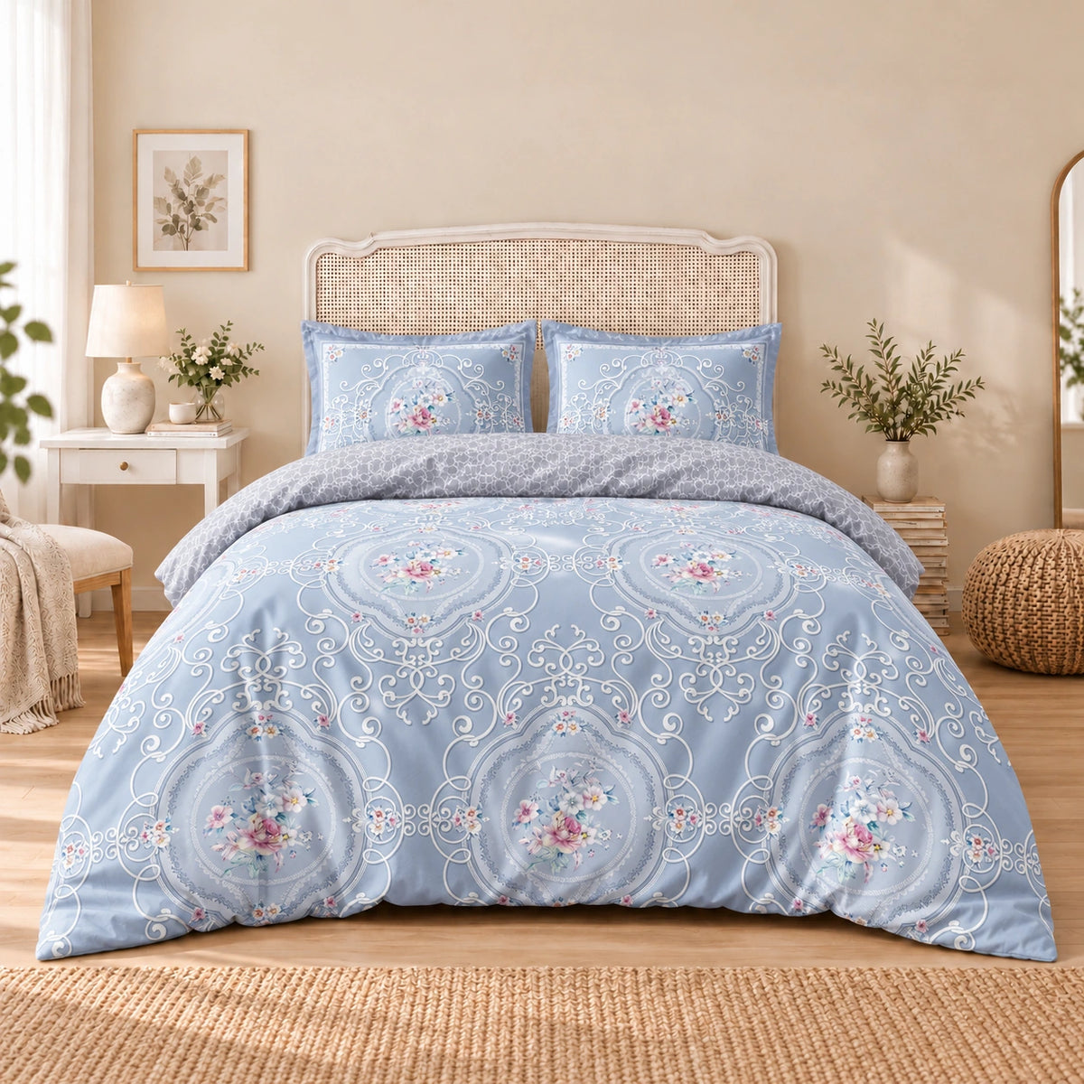 Carrol microfiber bed set, Blue Floral Medallions, design 75A2745, full bed with matching pillowcases