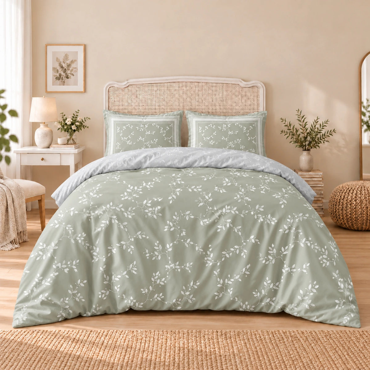 Carrol microfiber bed set, Sage Vines, design 75A2764, full bed with matching pillowcases