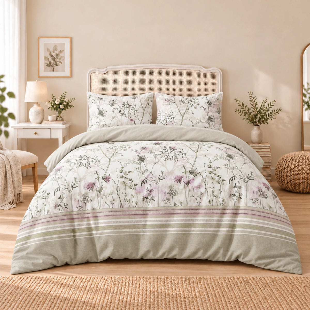 Carrol microfiber bed set, Meadow Border, design 75A2783, full bed with matching pillowcases