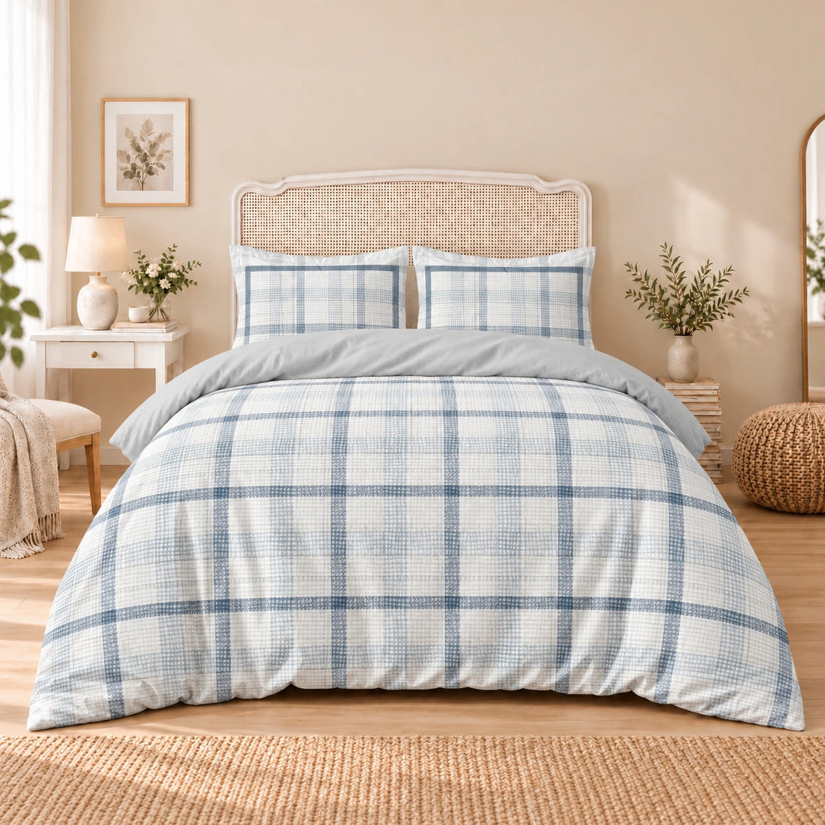 Carrol microfiber bed set, Blue Gray Plaid, design 75A2802, full bed with matching pillowcases