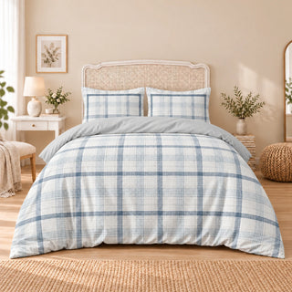 Carrol microfiber bed set, Blue Gray Plaid, design 75A2802, full bed with matching pillowcases