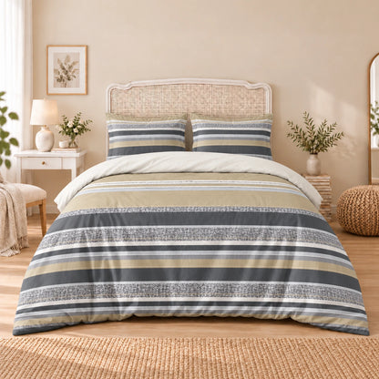 Carrol microfiber bed set, Beige Charcoal Bands, design 75A2810, full bed with matching pillowcases