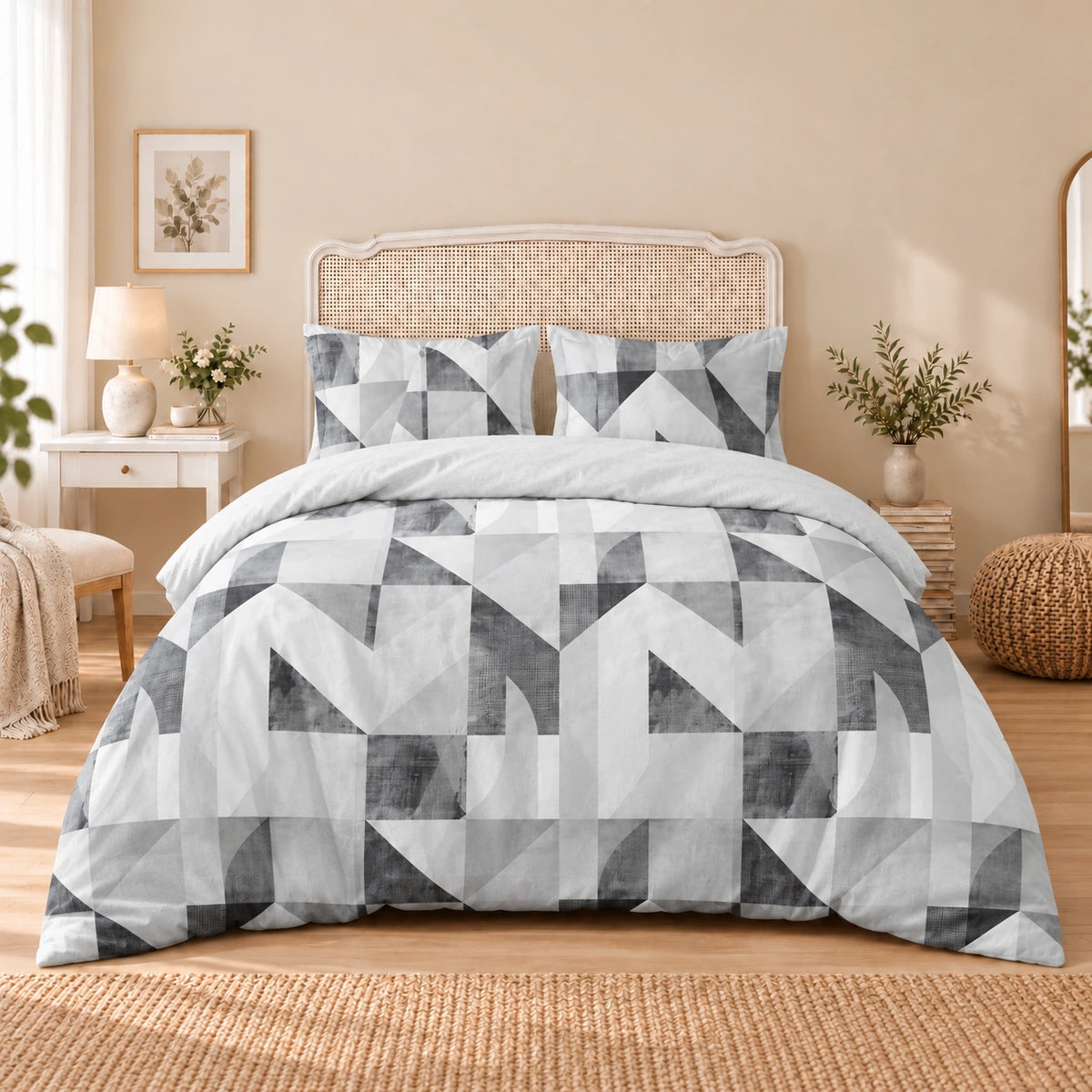 Carrol microfiber bed set, Monochrome Patchwork, design 75A2849, full bed with matching pillowcases