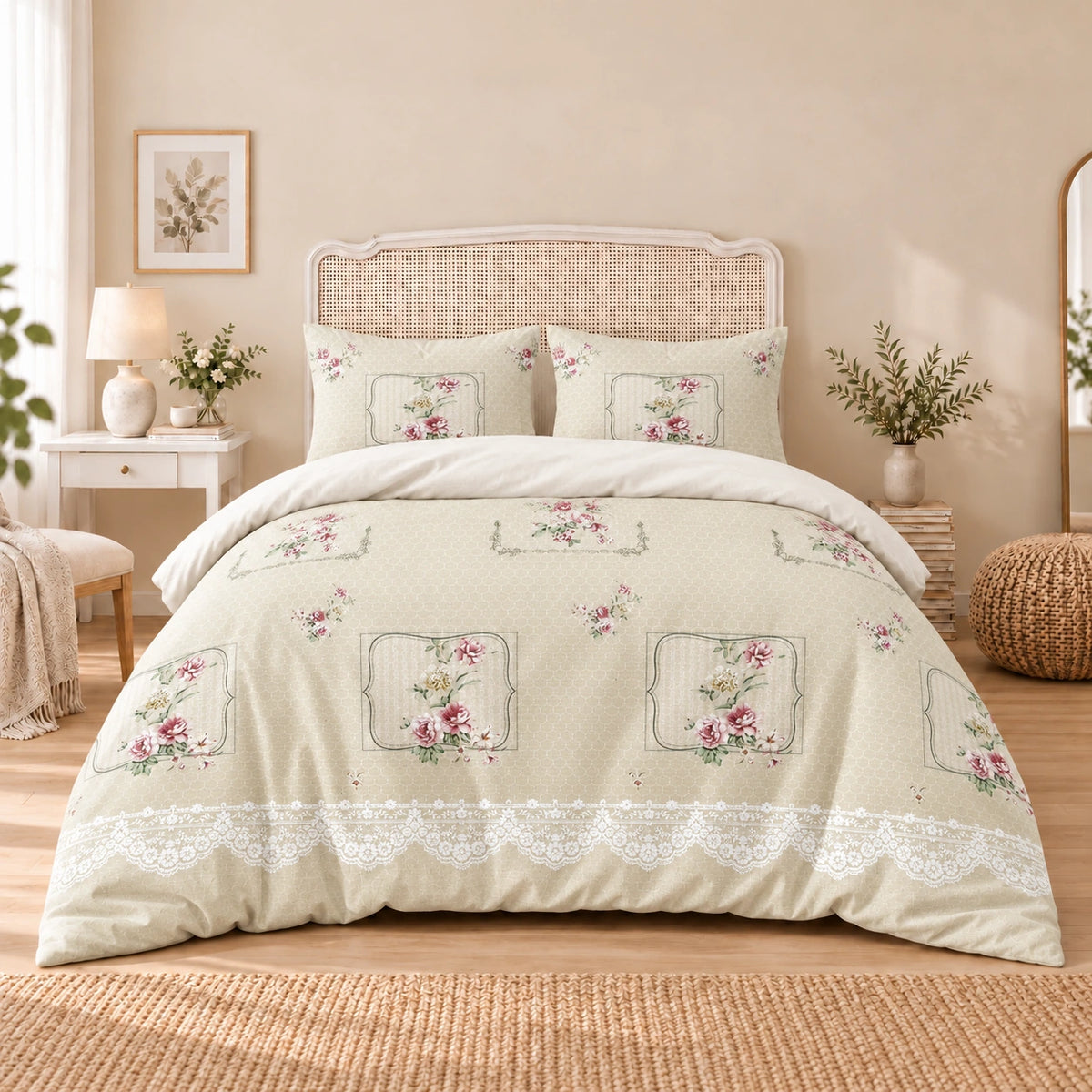 Carrol microfiber bed set, Vintage Rose Frames, design 75A2852, full bed with matching pillowcases