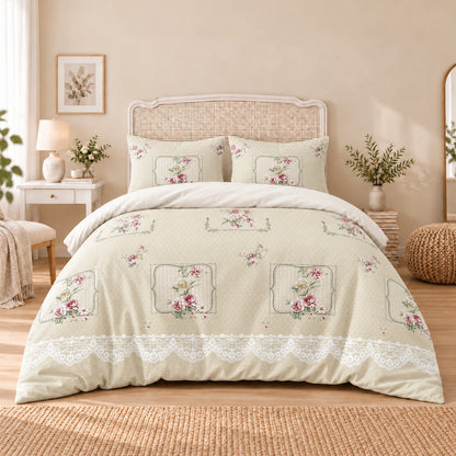 Carrol microfiber bed set, Vintage Rose Frames, design 75A2852, full bed with matching pillowcases