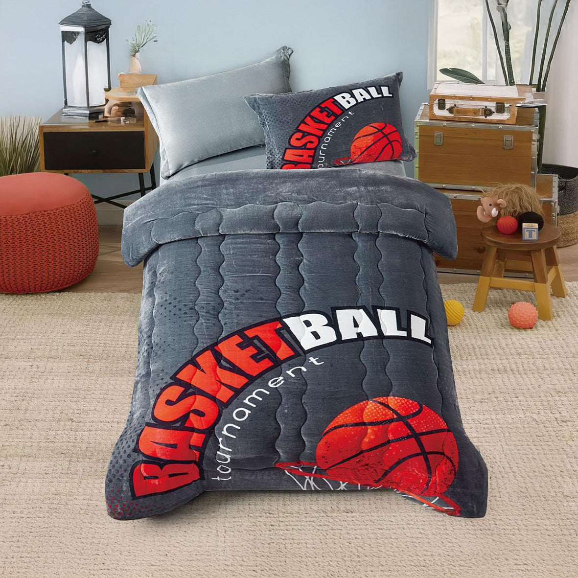 Winter Mohair coverlet – BasketBall Gray – Single Half Size (4Pcs) {Many design available}