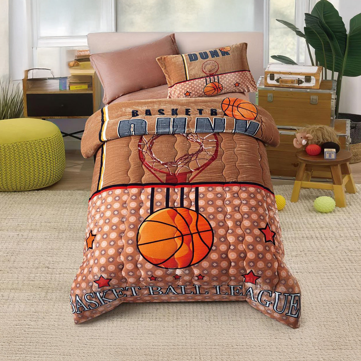 Winter Mohair coverlet – BasketBall Orange – Single Half Size (4Pcs) {Many design available}