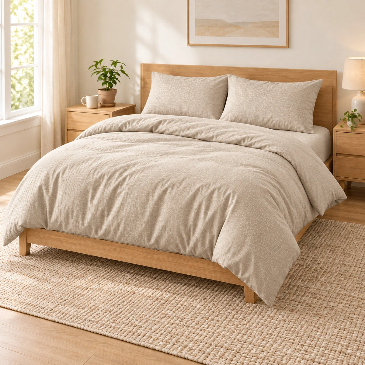 Beige embossed microfiber bed sheet set with duvet cover, fitted sheet, and matching pillowcases