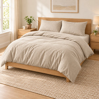 Beige embossed microfiber bed sheet set with duvet cover, fitted sheet, and matching pillowcases