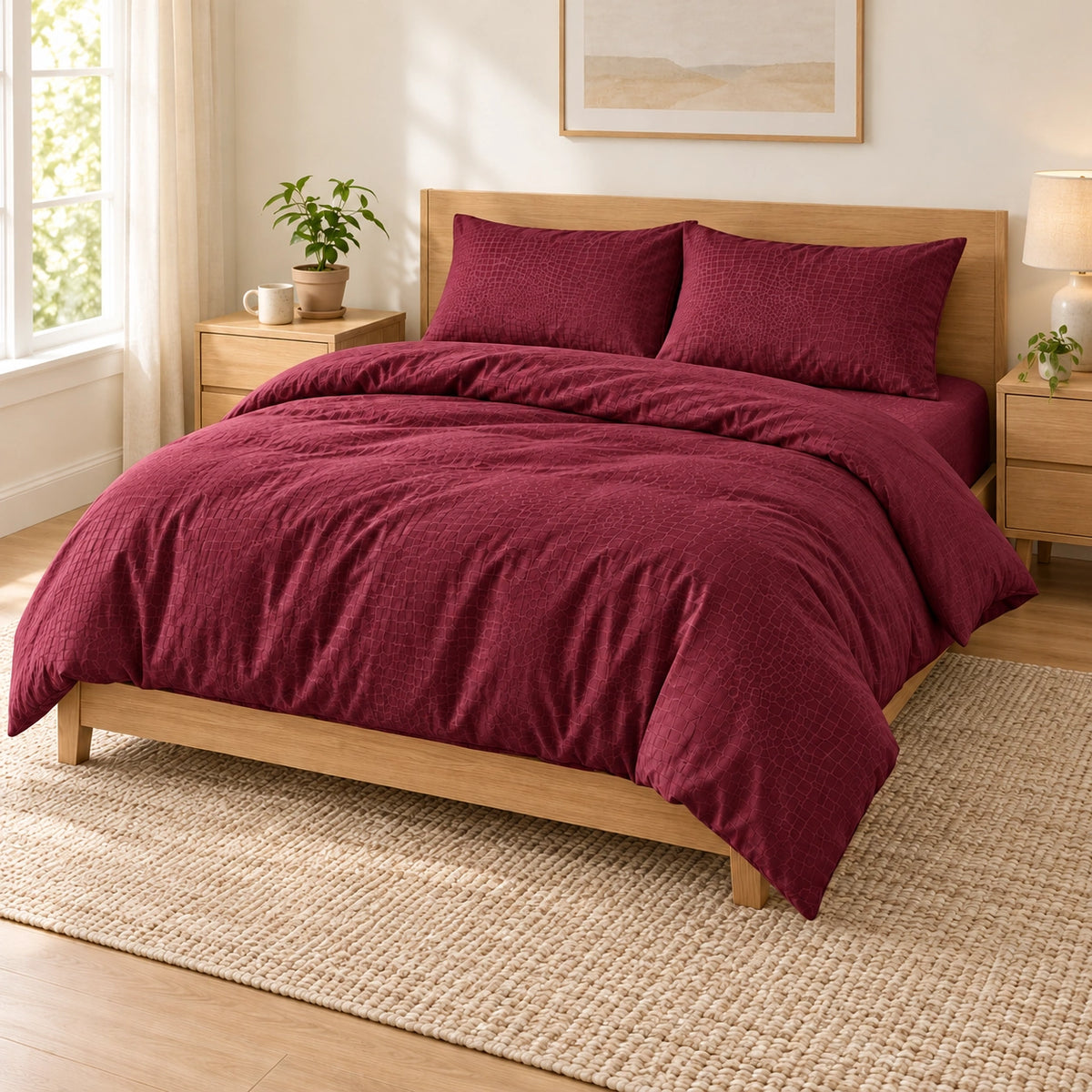 Burgundy embossed microfiber bed sheet set with duvet cover, fitted sheet, and matching pillowcases