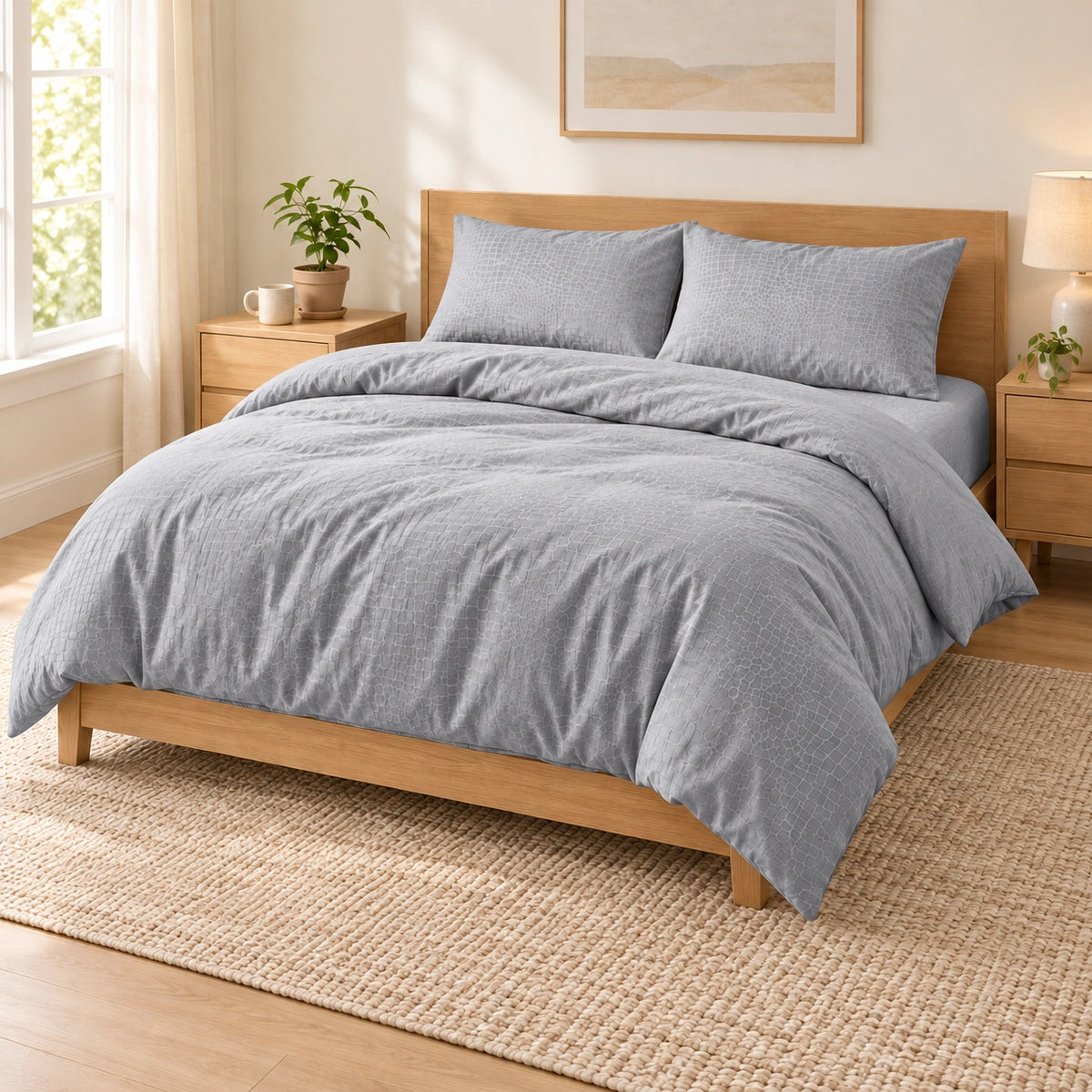 Gray embossed microfiber bed sheet set with duvet cover, fitted sheet, and matching pillowcases