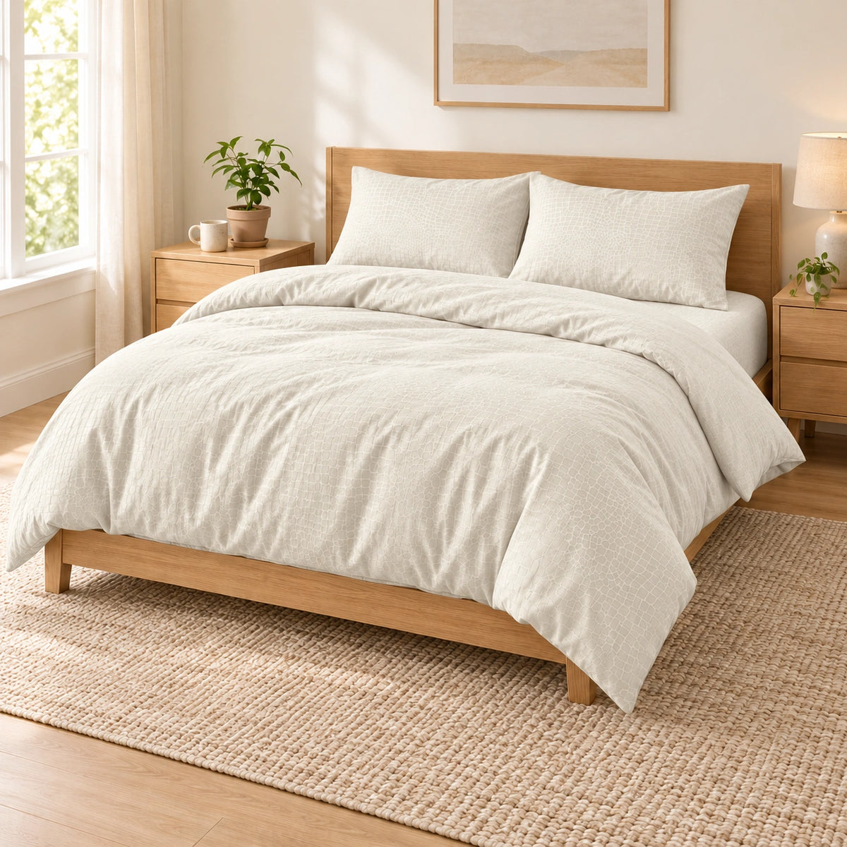Ivory embossed microfiber bed sheet set with duvet cover, fitted sheet, and matching pillowcases