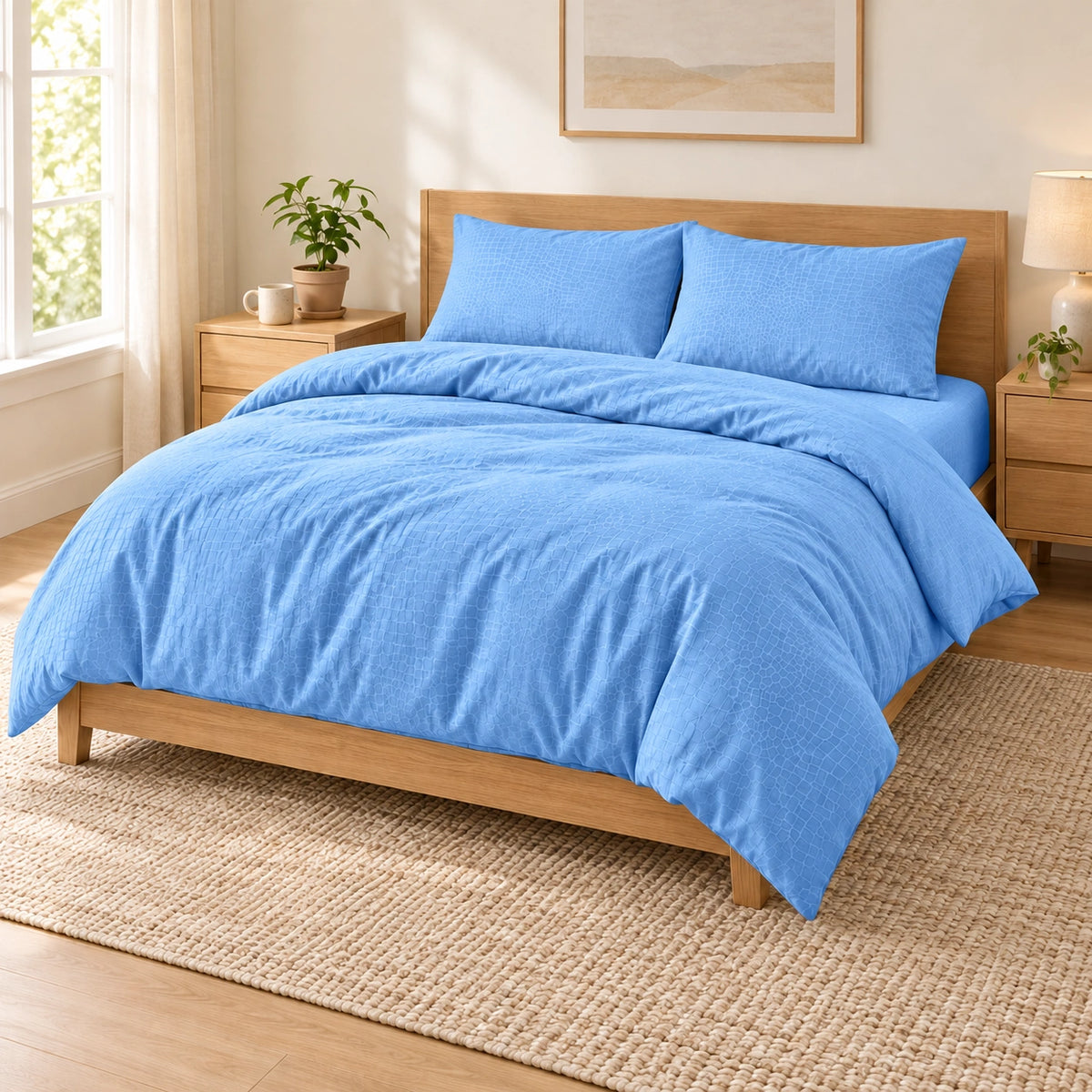 Light Blue embossed microfiber bed sheet set with duvet cover, fitted sheet, and matching pillowcases