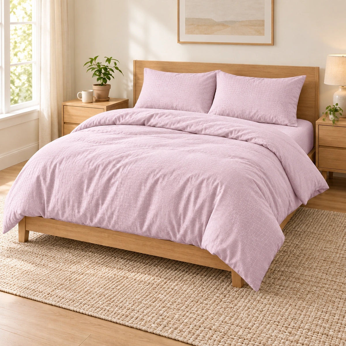 Light Pink embossed microfiber bed sheet set with duvet cover, fitted sheet, and matching pillowcases
