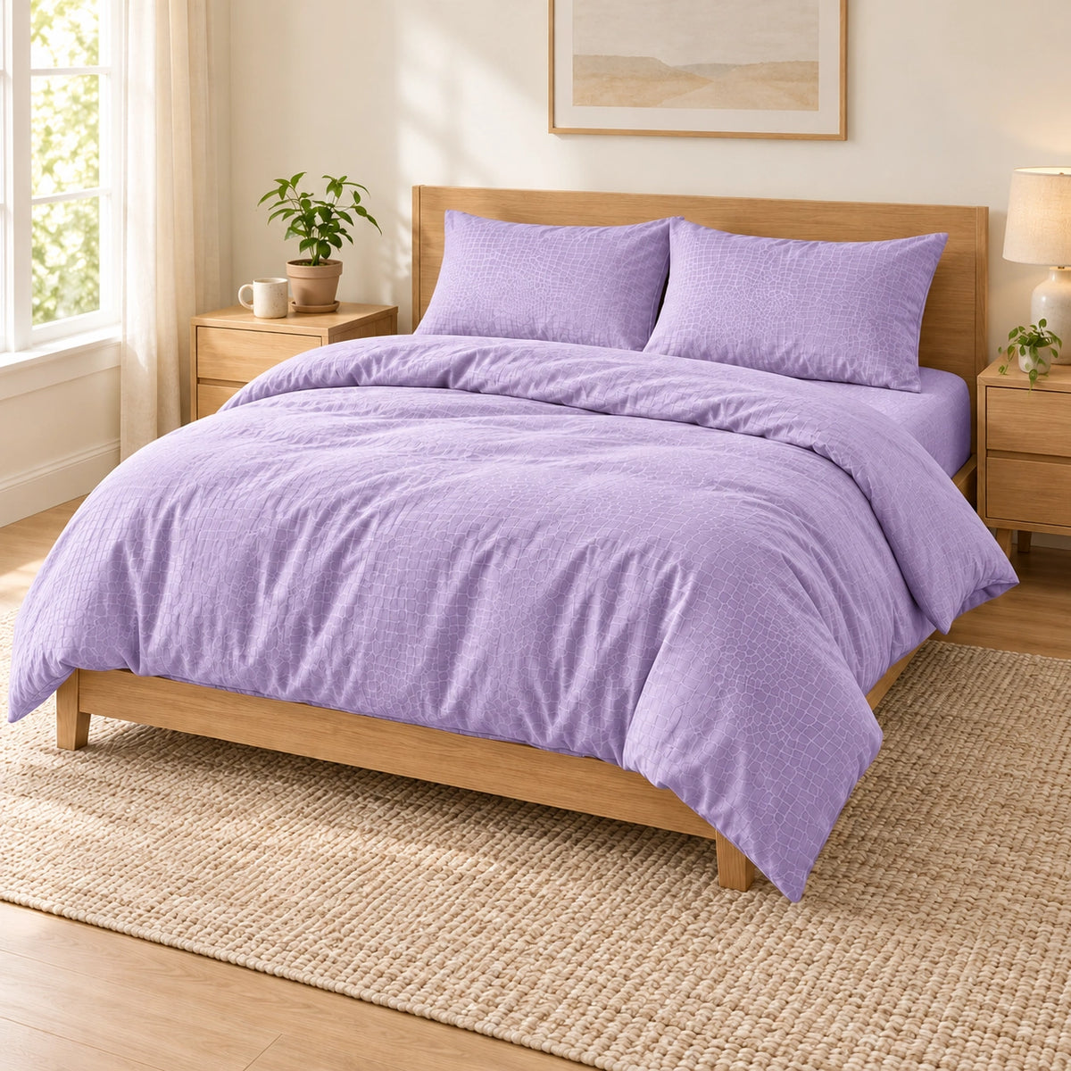 Lilac embossed microfiber bed sheet set with duvet cover, fitted sheet, and matching pillowcases