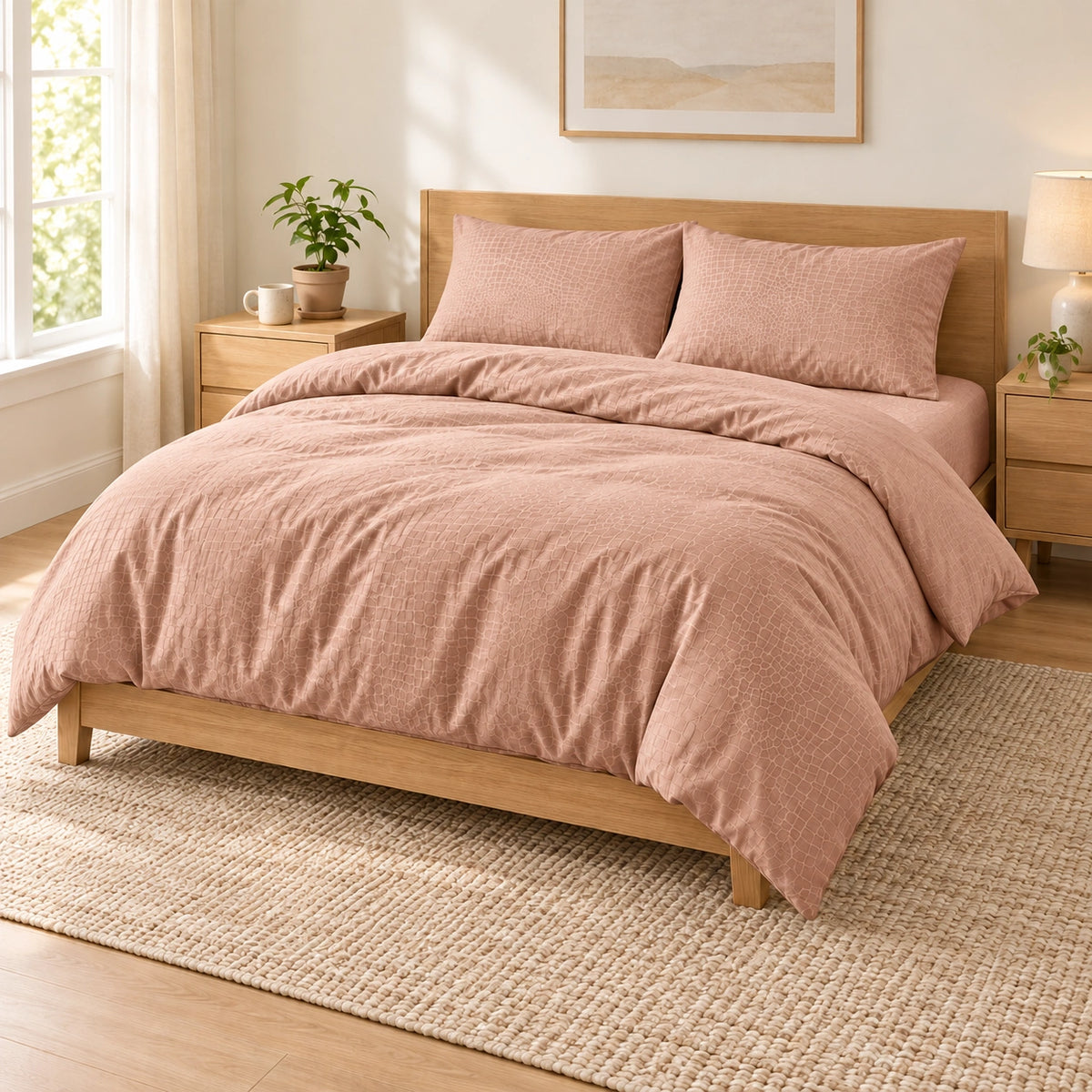 Peach embossed microfiber bed sheet set with duvet cover, fitted sheet, and matching pillowcases