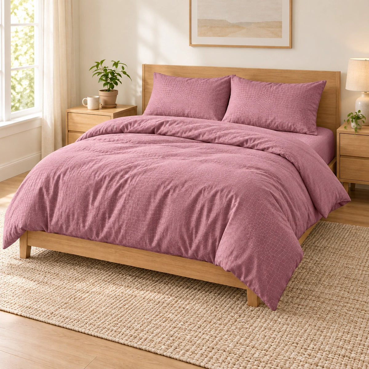 Rose embossed microfiber bed sheet set with duvet cover, fitted sheet, and matching pillowcases