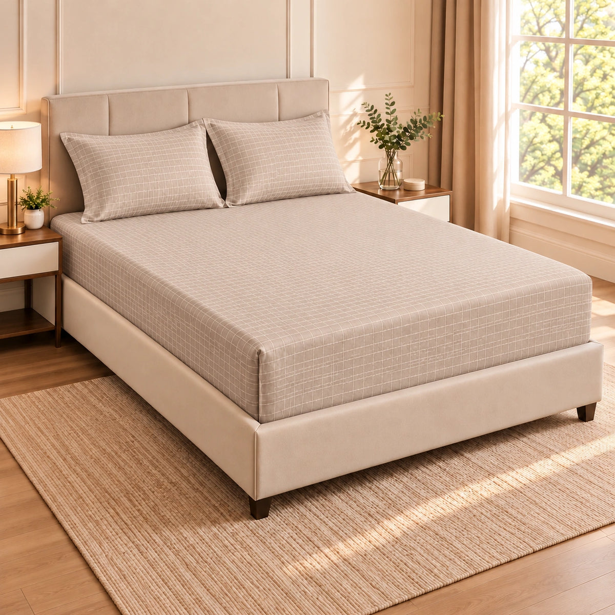 Embossed microfiber fitted sheet set in Beige with matching pillowcases