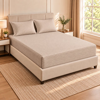 Embossed microfiber fitted sheet set in Beige with matching pillowcases