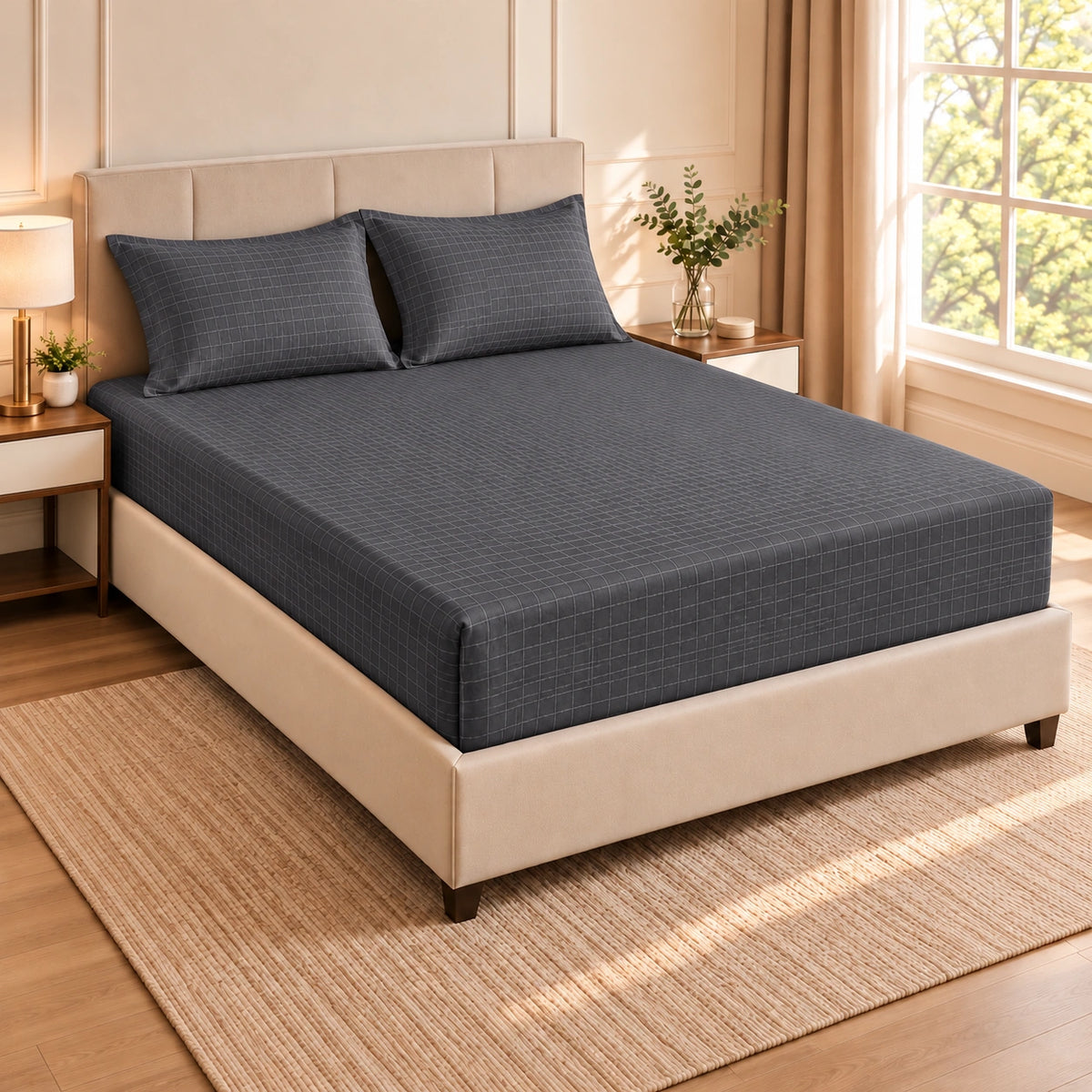 Embossed microfiber fitted sheet set in Charcoal with matching pillowcases