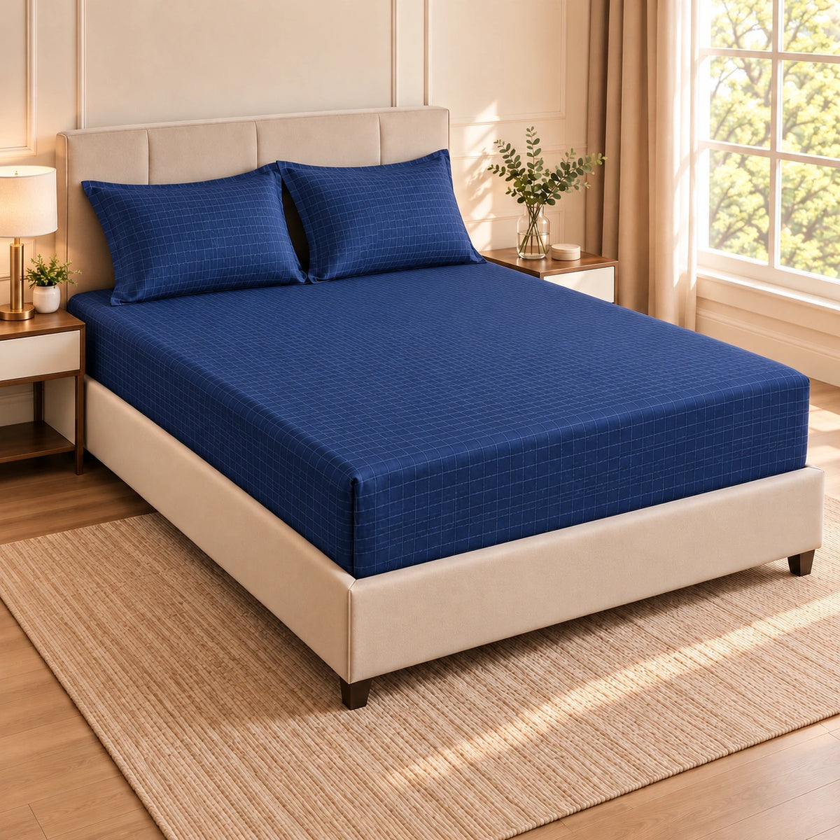 Embossed microfiber fitted sheet set in Navy with matching pillowcases