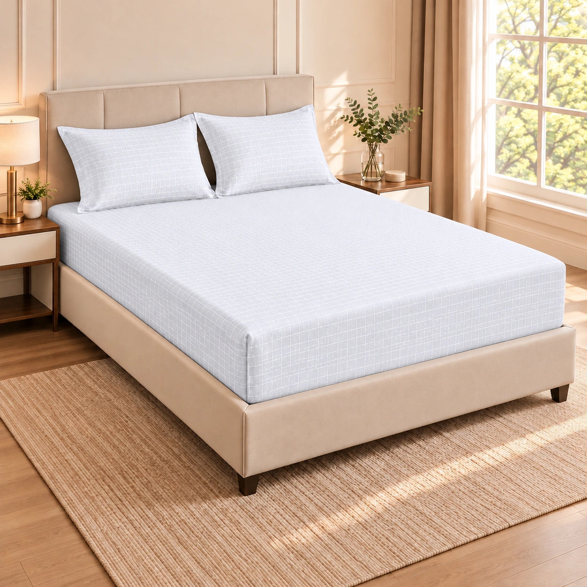 Embossed microfiber fitted sheet set in White with matching pillowcases