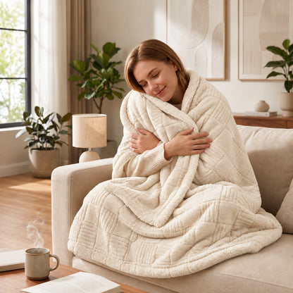 Golden House Flannel Sherpa Blanket in Ivory