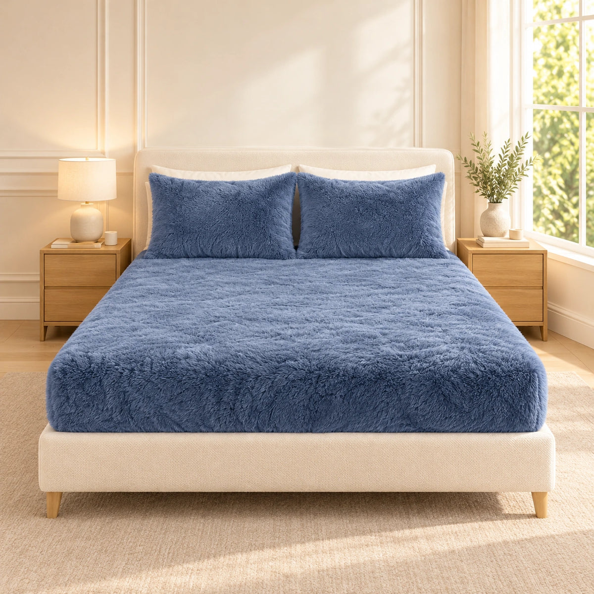 Golden House Fluffy Winter Fitted Sheet Set in Blue